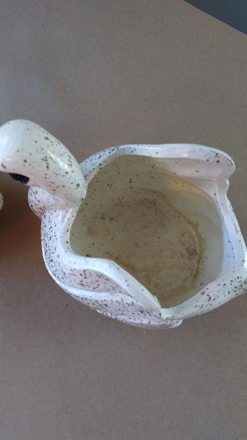 Pair of Vintage Mid Century Ceramic Swan Planters with Gold Flecked Paint on Ivory measuring 6.5 x 4 x 5 ~ Mid Century Modern Decor ~