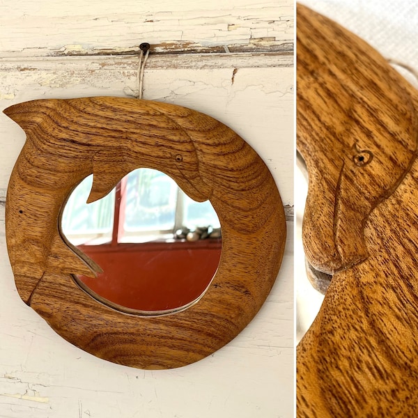 Vintage Carved Wood Dolphin Accent Mirror measuring 8.5" x 9" ~ Mermaid Home Decor ~ Coastal Living Decor ~ Beach Cottage Decor ~