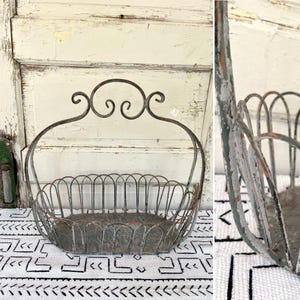 Vintage Rustic Scroll Wrought Iron Wire Metal Basket measuring 16.5&quot; x 15&quot; x 9.25&quot; overall (basket 15.25&quot; x 9.25&quot; x 5&quot;) ~ Farmhouse Decor ~