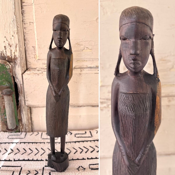 Beautiful Vintage Carved Wood AFRICAN Female Statue measuring 12.5" x 2" ~ Tribal Home Decor ~ Boho home Decor ~ African Home Decor ~