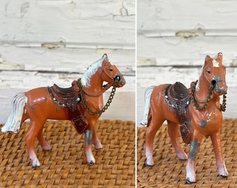 Vintage 1950's Miniature Metal Cold Painted Palomino Western Horse Figurine w/Chain Reins from Japan measuring 2.5" x 2.75" ~ Curio Decor ~