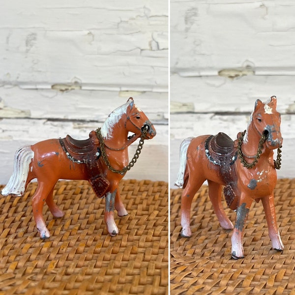 Vintage 1950's Miniature Metal Cold Painted Palomino Western Horse Figurine w/Chain Reins from Japan measuring 2.5" x 2.75" ~ Curio Decor ~