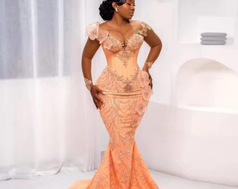 Peach Mermaid Gown, 3D Floral Appliqué, Illusion Corset Bodice