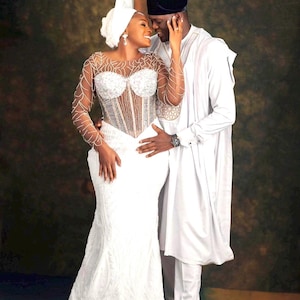 Elegant White Nigerian Traditional Wedding Couple Outfit – Bride & Groom Set