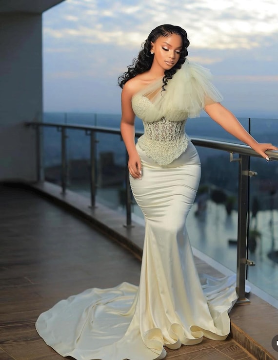 One-Shoulder Ivory Satin Corset Gown, Romantic Wedding Dress