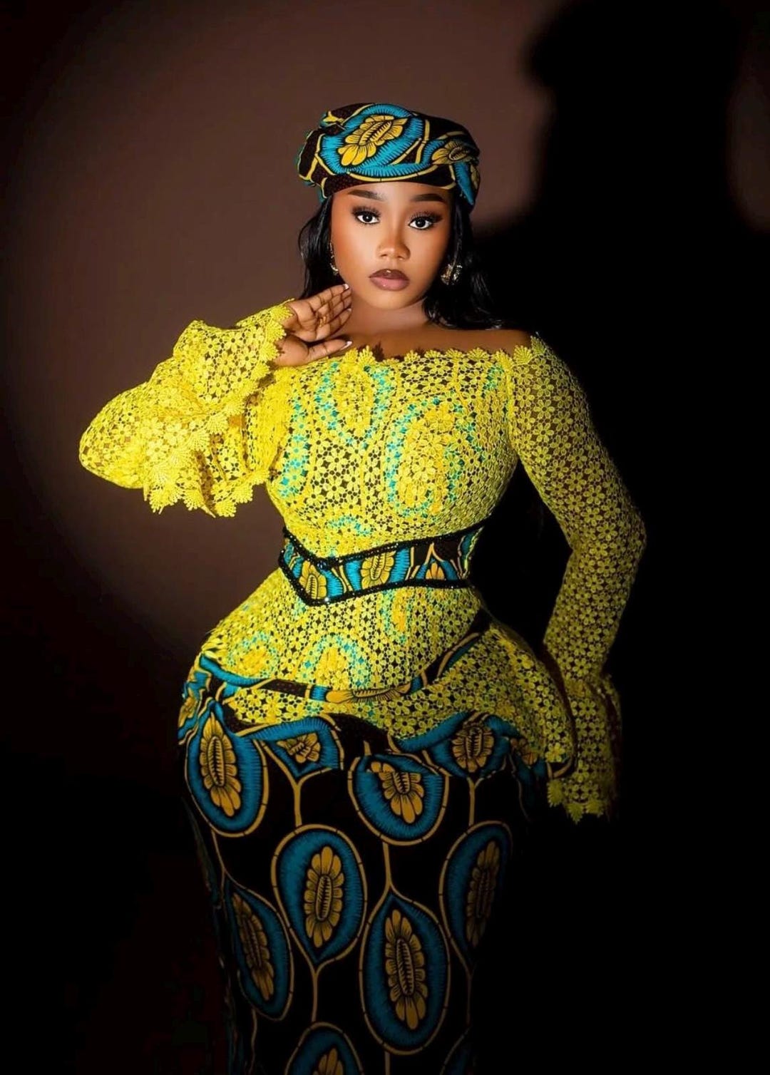 green and yellow ankara dress Yellow Ankara Dress, Lace Peplum Top, African Print Skirt, Headwrap