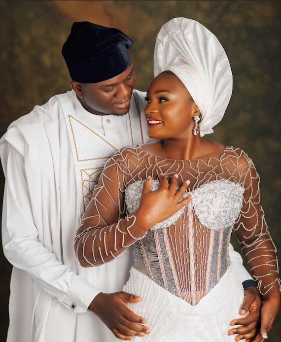 Elegant White Nigerian Traditional Wedding Couple Outfit - Bride & Groom Set