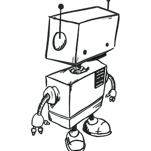 Pode incluir: Um desenho a preto e branco de um robô com uma cabeça quadrada e um corpo retangular. O robô tem dois braços e duas pernas.