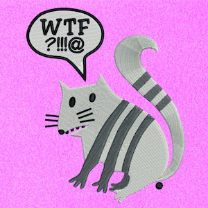May include: A gray and white striped cat with a surprised expression, sitting on a pink background. A speech bubble above the cat says "WTF ?!!!@"