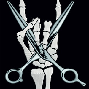 May include: A white skeleton hand making the rock and roll hand gesture with a pair of silver scissors crossed over the hand.