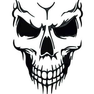 May include: Black and white illustration of a skull with a menacing expression. The skull has a detailed design with sharp edges and a prominent jawline.