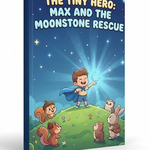 May include: A children's book cover titled "The Tiny Hero: Max and the Moonstone Rescue." The illustration features a young boy in a cape holding a glowing crescent moon, surrounded by woodland creatures on a grassy hill under a starry night sky.
