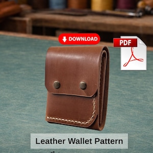 Peut inclure: Un portefeuille en cuir marron avec une fermeture à rabat fixée par deux rivets métalliques. Le portefeuille est cousu avec du fil blanc et repose sur une surface turquoise. Le texte "Leather Wallet Pattern" et "tapleather" est inclus.