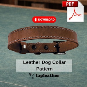 Può includere: Un collare per cani in pelle marrone con cuciture bianche e fibbia in metallo nero. L'immagine include il testo "Leather Dog Collar Pattern" e "tapleather". È visibile anche un pulsante rosso con la parola "DOWNLOAD".