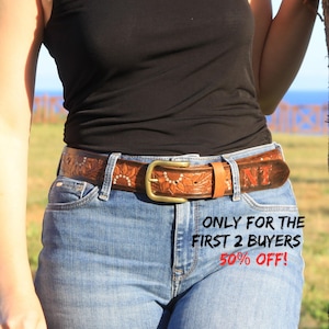 Western Floral Belt, Hand Tooled Leather, Cowgirl Style, Belt with Design, Personalized Gift for Women, Rustic Western Accessory, Rodeo Belt
