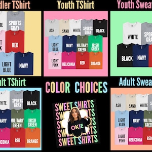 以下が含まれることがあります： 白、黒、赤など、さまざまな色のTシャツとスウェットシャツのディスプレイ。幼児、若者、大人向けのオプションが表示されており、ライトピンク、ネイビー、オレンジなどの色があります。「COLOR CHOICES」というテキストも表示されています。
