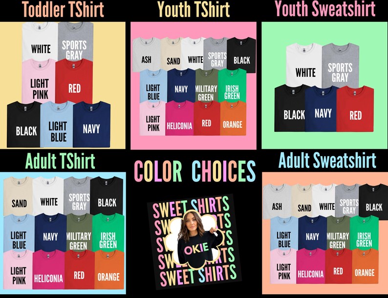 以下が含まれることがあります： 白、黒、赤など、さまざまな色のTシャツとスウェットシャツのディスプレイ。幼児、若者、大人向けのオプションが表示されており、ライトピンク、ネイビー、オレンジなどの色があります。「COLOR CHOICES」というテキストも表示されています。