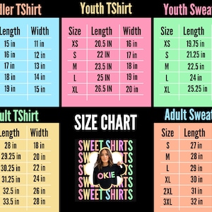 以下が含まれることがあります： 幼児、若者、大人向けのTシャツとスウェットシャツのサイズチャート。2Tから3XLまでの各サイズの長さと幅の測定値をcmで示しています。「SWEET SHIRTS」というテキストが含まれています。