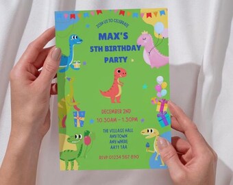 May include: A green birthday party invitation with a dinosaur theme. The invitation says "Join us to celebrate Max's 5th Birthday Party". It also includes the date, time, location, and RSVP information.