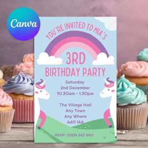Digital Rainbow Unicorn Invitation, Unicorn Party, Unicorn Card, 3rd Birthday Girl, Editable Unicorn Rainbow Template, Instant Download
