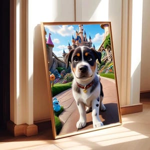 Aangepast hondenportret in sprookjeskasteel Gepersonaliseerde huisdierkunst, schattige puppy digitale afbeelding, grillige dierenmuurdecoratie Disney-stijl kunst