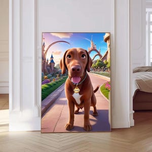 Custom Dog Portrait in Fantasy Castle Personalized Pet Art Print, Cute Cartoon Style, Whimsical Pet Wall Decor in Disney Style