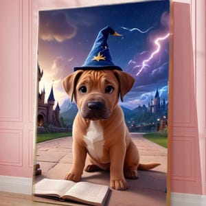 Custom Pet Portrait Wizard Dog Digital Art Personalized Pet Print from Photo Magic Castle Fantasy Art Unique Gift for Pet Lovers Home Decor
