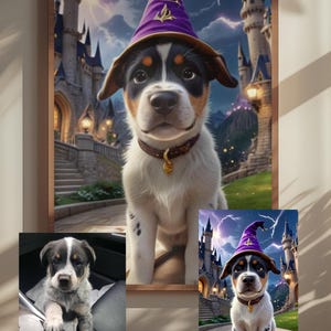 Custom Pet Wizard Portrait Magic Castle Digital Art Personalized Dog Print from Photo Unique Gift for Pet Lovers Downloadable Home Decor