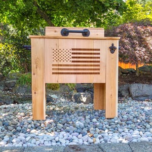 Handmade Cedar Wood Cooler with Laser-Etched American Flag, Rustic Ice Chest for Beer, Water & Soda, Handcrafted Wood Outdoor Drink Station