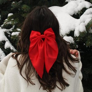 May include: A person wearing a white sweater with a large red bow in their dark hair, standing in front of snow-covered evergreen trees. The bow is a vibrant contrast to the winter scene.