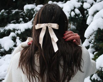 Lazo resistente de satén marfil Lazo doble blanco con cola Lazo doble delgado para novia Lazo para fiesta de bodas Lazo con pasador Lazo con pinza para el cabello