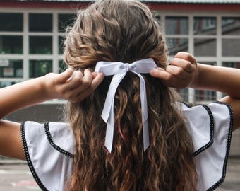 White Satin Double Long Tail Bow Clip Wedding White Hair Ribbon Bow Clip