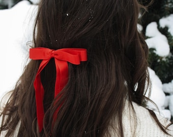 Lazo de pelo rojo para mujer, lazo de cinta de raso de cola larga roja, accesorios para el cabello para adultos, pinza de pelo de raso rojo, regalo para ella, lazo de pelo de San Valentín para Navidad