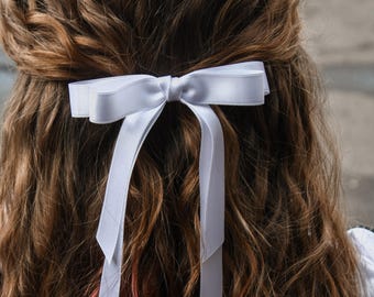 Weiß Satin Langer Schwanz Haarschleife Baby Satin Schleife Langer Haarschleife Mädchen Weißer Bogen Erwachsener langer Schwanz Haarschleife Weiß Satinschleife Haarspange