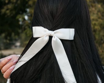 Bride White Satin Hair Bow for Bride | Bridal Bow Wedding Hair Accessory for Bride | Bachelorette Party Hair Bow