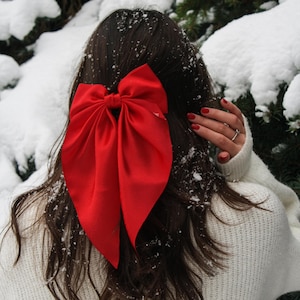 Christmas party bow, Satin hair bow, Christmas gift, long tails bow, women hair bow, hair clip barrette, women hair accessories