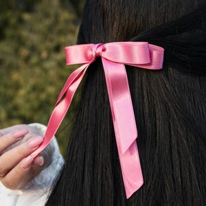 Pink satin hair bow, elegant hair bow, adult hair clips, adult hair bow, long tail hair bow, hair bow barrette, hair bow tie
