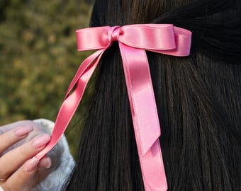 Pink satin hair bow, elegant hair bow, adult hair clips, adult hair bow, long tail hair bow, hair bow barrette, hair bow tie