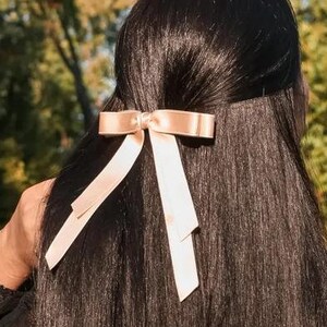 Peach satin hair bow, silk bride bow, white satin bow, bow wedding accessories, ivory veil with bow, Long Girl bow, Hair clips, Long bow