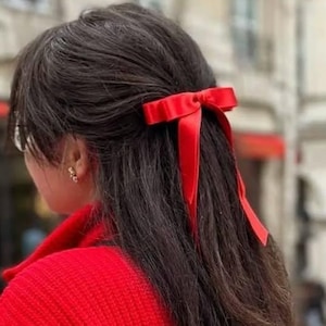 Satin Double Red Bow with Tail Hair Accessory for Girl Small Bow for Woman Gift Hen Do Red Bow for Party Ligth Weight Hair Bow Silk