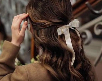 Lazo resistente de satén marfil Lazo doble blanco con cola Lazo doble delgado para novia Lazo para fiesta de bodas Lazo con pasador Lazo con pinza para el cabello