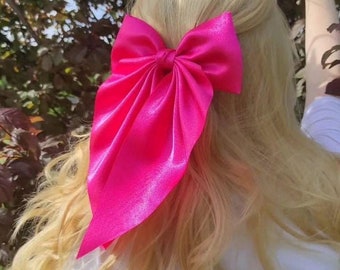 Pink Silk Hair Bow with Pointed Tail Light Weight Bow for Girl Medium Hair Bow Woman Gift  Pink Satin Single Layer Bow For Party