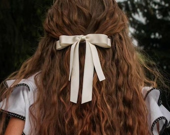 Lazo resistente de satén marfil Lazo doble blanco con cola Lazo doble delgado para novia Lazo para fiesta de bodas Lazo con pasador Lazo con pinza para el cabello