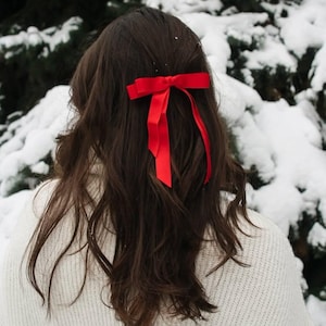 Red hair bow, Satin Hair Bow, long tail bow barrette, coquette bow clip, women hair accessories, birthday gift for girl