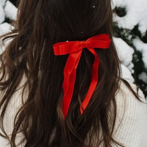 Red Satin Hair Bow with Tail Hair Accessory for Girl Small Bow for Woman Gift Hen Do Red Bow for Party Ligth Weight Hair Bow Silk