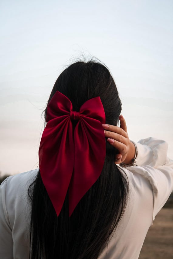 Burgundy Bow Satin Big Satin Bow Hair Clip With Long Tails 