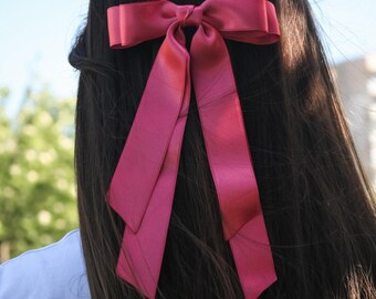 Lazo largo de satén rosa, lazos para mujer, lazos de satén, lazo coqueto, pasador para el pelo, lazo de moda, lazo de cola larga, lazo de lujo, adolescente, cinta larga
