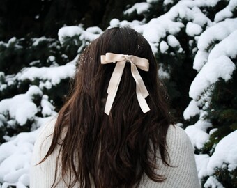 Ivory Satin Sturdy Bow White Double Bow with Tail Slim Double Bow for Bride Bow for Wedding Party Bow with Elastic band Bow with Hair Clip
