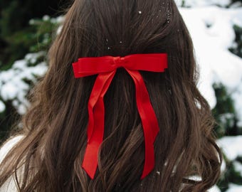 Red Christmas Hair Bow Satin Sturdy Hair Bow White Double Bow with Tail Slim Double Bow for Bride Bow for Wedding Party Bow with Hair Clip