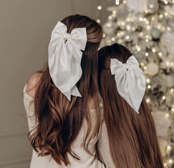 White Satin Coquette Large Hair Bows, Gifts for Her, Hair  display picture 2